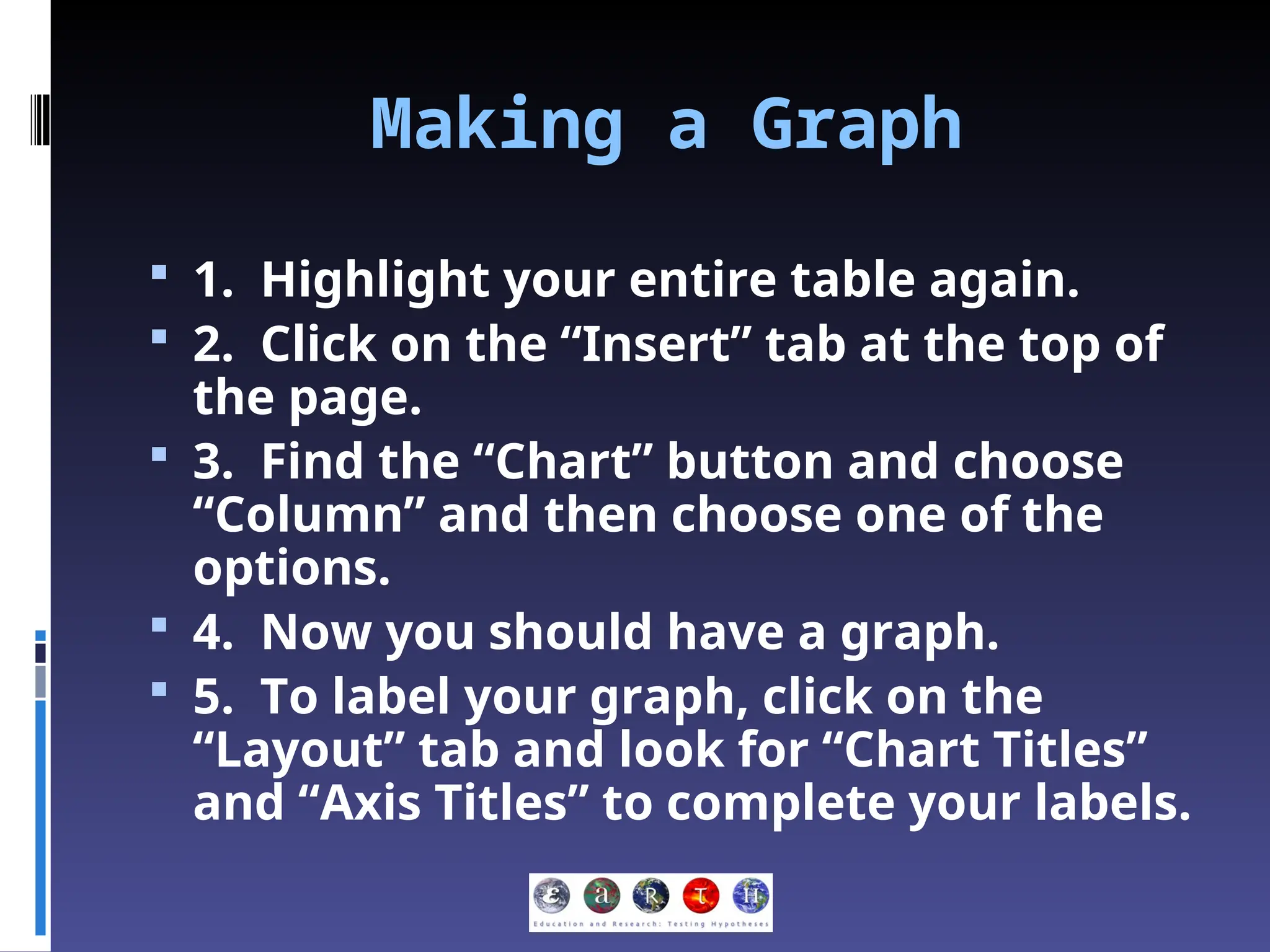 Making a Graph
 1. Highlight your entire table again.
 2. Click on the “Insert” tab at the top of
the page.
 3. Find the “Chart” button and choose
“Column” and then choose one of the
options.
 4. Now you should have a graph.
 5. To label your graph, click on the
“Layout” tab and look for “Chart Titles”
and “Axis Titles” to complete your labels.
 