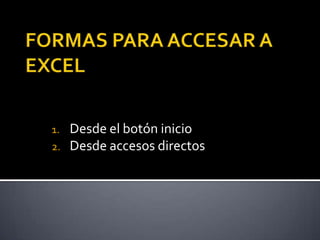 FORMAS PARA ACCESAR A EXCELDesde el botón inicioDesde accesos directos