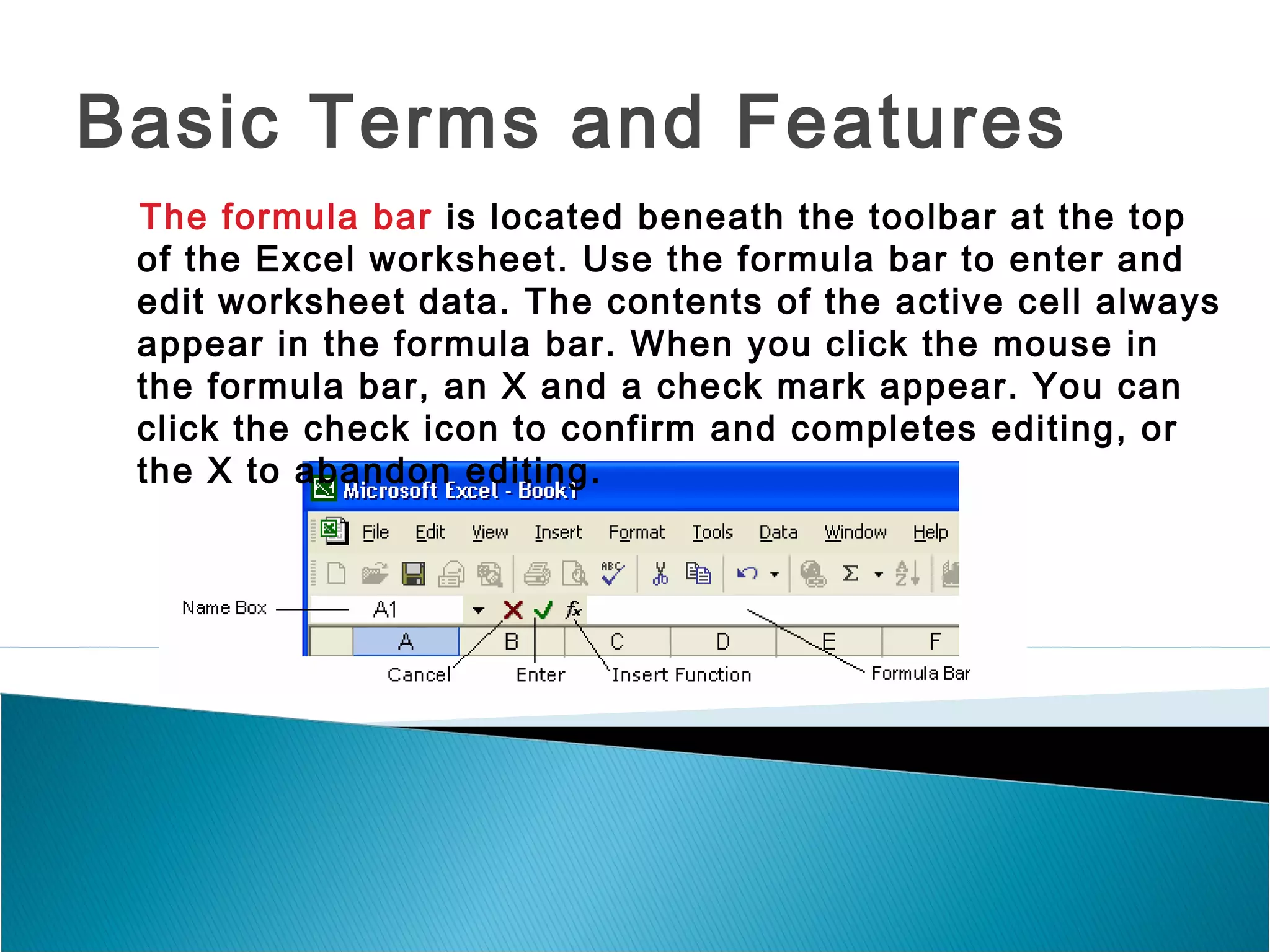 Basic Terms and Features
The formula bar is located beneath the toolbar at the top
of the Excel worksheet. Use the formula bar to enter and
edit worksheet data. The contents of the active cell always
appear in the formula bar. When you click the mouse in
the formula bar, an X and a check mark appear. You can
click the check icon to confirm and completes editing, or
the X to abandon editing.
 