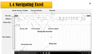 1.4 Navigating Excel
11
Dialog Box launcher
Status bar
 