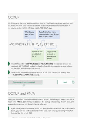 e of the most widely used functions in Excel (and one of our favorites too!). VLOOKUP lets you look up a v
y selecting different items from the drop down lists. You'll see the result cells instantly update themselves
l run into a situation where VLOOKUP can't find what you asked it to, and it returns an error (#N/A). Some
If the SUM function i
OOKUP
OKUP is one of the most widely used functions in Excel (and one of our favorites too!).
OKUP lets you look up a value in a column on the left, then returns information in
her column to the right if it finds a match. VLOOKUP says:
In cell D22, enter =VLOOKUP(C22,C17:D20,2,FALSE). The correct answer for
Apples is 50. VLOOKUP looked for Apples, found it, then went over one column
to the right, and returned the amount.
Now try for yourself in the Meat section, in cell G22. You should end up with
=VLOOKUP(F22,F17:G20,2,FALSE).
Next
Dive down for more detail
OOKUP and #N/A
riably, you'll run into a situation where VLOOKUP can't find what you asked it to, and it
ns an error (#N/A). Sometimes, it's because the lookup value simply doesn't exist, or it
because the reference cell doesn't have a value yet.
If you know your lookup value exists, but want to hide the error if the lookup cell is
blank, you can use an IF statement. In this case, we'll wrap our existing VLOOKUP
formula like this in cell D43:
IF(C43 "" "" VLOOKUP(C43 C37 D41 2 FALSE))
=VLOOKUP(A1,B:C,2,FALSE)
What do you
want to look
for?
If you find it, how many
columns to the right do you
want to get a value?
Where do you
want to look
for it?
Do you want
an exact, or
approximate
match?
 