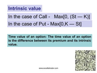 www.excellatrader.com
In the case of Call - Max[0, (St — K)]
In the case of Put - Max[0,K — St]
Time value of an option: The time value of an option
is the difference between its premium and its intrinsic
value.
 