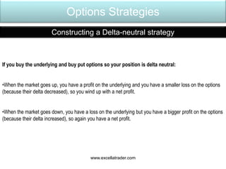 Options Strategies
Constructing a Delta-neutral strategy
If you buy the underlying and buy put options so your position is delta neutral:
•When the market goes up, you have a profit on the underlying and you have a smaller loss on the options
(because their delta decreased), so you wind up with a net profit.
•When the market goes down, you have a loss on the underlying but you have a bigger profit on the options
(because their delta increased), so again you have a net profit.
www.excellatrader.com
 