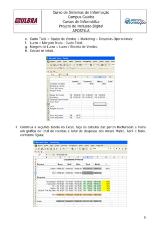 Curso de Sistemas de Informação 
Campus Guaíba 
Cursos de Informática 
Projeto de Inclusão Digital 
APOSTILA 
9 
e. Custo Total = Equipe de Vendas + Marketing + Despesas Operacionais; 
f. Lucro = Margem Bruta - Custo Total; 
g. Margem de Lucro = Lucro / Receita de Vendas; 
h. Calcule os totais. 
7. Construa a seguinte tabela no Excel, faça os cálculos das partes hachuradas e insira 
um gráfico de total de receitas x total de despesas dos meses Março, Abril e Maio, 
conforme figura: 
 