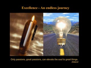 Excellence - An endless journey

Only passions, great passions, can elevate the soul to great things.

Diderot

 