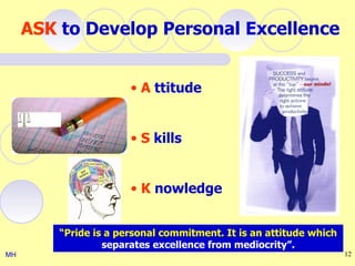 ASK to Develop Personal Excellence


                       • A ttitude


                       • S kills


                       • K nowledge


         “Pride is a personal commitment. It is an attitude which
                  separates excellence from mediocrity”.
MH                                                                  12
 