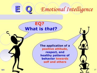 E Q Emotional Intelligence
           EQ?
        What is that?


              The application of a
               positive attitude,
                 respect, and
              healthy patterns of
               behavior towards
                self and others

MH                                   17
 