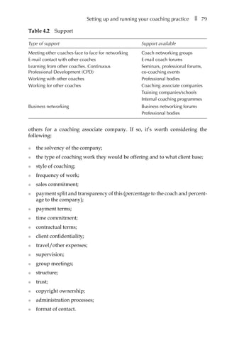 Setting up and running your coaching practice â•… ❚â•… 79
others for a coaching associate company. If so, it’s worth considering the
following:
l	 the solvency of the company;
l	 the type of coaching work they would be offering and to what client base;
l	 style of coaching;
l	 frequency of work;
l	 sales commitment;
l	 payment split and transparency of this (percentage to the coach and percentÂ�
age to the company);
l	 payment terms;
l	 time commitment;
l	 contractual terms;
l	 client confidentiality;
l	 travel/other expenses;
l	 supervision;
l	 group meetings;
l	 structure;
l	 trust;
l	 copyright ownership;
l	 administration processes;
l	 format of contact.
Table 4.2â•… Support
Type of support Support available
Meeting other coaches face to face for networking Coach networking groups
E-mail contact with other coaches E-mail coach forums
Learning from other coaches. Continuous
Professional Development (CPD)
Seminars, professional forums,
co-coaching events
Working with other coaches Professional bodies
Working for other coaches Coaching associate companies
Training companies/schools
Internal coaching programmes
Business networking Business networking forums
Professional bodies
 