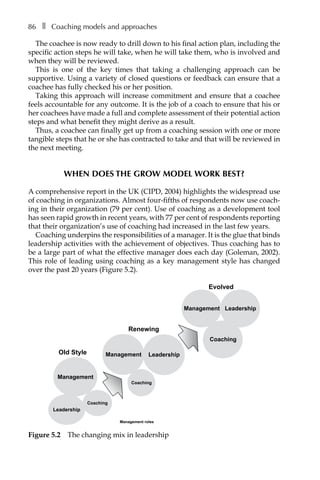 86â•… ❚â•… Coaching models and approaches
The coachee is now ready to drill down to his final action plan, including the
specific action steps he will take, when he will take them, who is involved and
when they will be reviewed.
This is one of the key times that taking a challenging approach can be
supportive. Using a variety of closed questions or feedback can ensure that a
coachee has fully checked his or her position.
Taking this approach will increase commitment and ensure that a coachee
feels accountable for any outcome. It is the job of a coach to ensure that his or
her coachees have made a full and complete assessment of their potential action
steps and what benefit they might derive as a result.
Thus, a coachee can finally get up from a coaching session with one or more
tangible steps that he or she has contracted to take and that will be reviewed in
the next meeting.
When does the GROW model work best?
A comprehensive report in the UK (CIPD, 2004) highlights the widespread use
of coaching in organizations. Almost four-fifths of respondents now use coach-
ing in their organization (79 per cent). Use of coaching as a development tool
has seen rapid growth in recent years, with 77 per cent of respondents reporting
that their organization’s use of coaching had increased in the last few years.
Coaching underpins the responsibilities of a manager. It is the glue that binds
leadership activities with the achievement of objectives. Thus coaching has to
be a large part of what the effective manager does each day (Goleman, 2002).
This role of leading using coaching as a key management style has changed
over the past 20 years (FigureÂ€5.2).
Management
Coaching
Leadership
Management Leadership
Coaching
Leadership
Management
Coaching
Old Style
Renewing
Evolved
Management roles
Figure 5.2â•… The changing mix in leadership
 