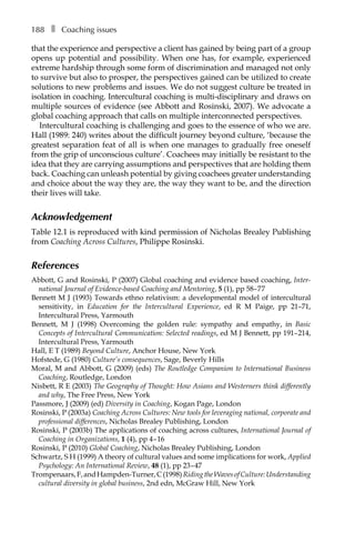 188â•… ❚â•… Coaching issues
that the experience and perspective a client has gained by being part of a group
opens up potential and possibility. When one has, for example, experienced
extreme hardship through some form of discrimination and managed not only
to survive but also to prosper, the perspectives gained can be utilized to create
solutions to new problems and issues. We do not suggest culture be treated in
isolation in coaching. Intercultural coaching is multi-disciplinary and draws on
multiple sources of evidence (see Abbott and Rosinski, 2007). We advocate a
global coaching approach that calls on multiple interconnected perspectives.
Intercultural coaching is challenging and goes to the essence of who we are.
Hall (1989: 240) writes about the difficult journey beyond culture, ‘because the
greatest separation feat of all is when one manages to gradually free oneself
from the grip of unconscious culture’. Coachees may initially be resistant to the
idea that they are carrying assumptions and perspectives that are holding them
back. Coaching can unleash potential by giving coachees greater understanding
and choice about the way they are, the way they want to be, and the direction
their lives will take.
Acknowledgement
TableÂ€12.1 is reproduced with kind permission of Nicholas Brealey Publishing
from Coaching Across Cultures, Philippe Rosinski.
References
Abbott, G and Rosinski, P (2007) Global coaching and evidence based coaching, InterÂ�
national Journal of Evidence-based Coaching and Mentoring, 5 (1), pp 58–77
Bennett M J (1993) Towards ethno relativism: a developmental model of intercultural
sensitivity, in Education for the Intercultural Experience, ed R M Paige, ppÂ€ 21–71,
Intercultural Press, Yarmouth
Bennett, M J (1998) Overcoming the golden rule: sympathy and empathy, in Basic
Concepts of Intercultural Communication: Selected readings, ed M J Bennett, ppÂ€191–214,
Intercultural Press, Yarmouth
Hall, E T (1989) Beyond Culture, Anchor House, New York
Hofstede, G (1980) Culture’s consequences, Sage, Beverly Hills
Moral, M and Abbott, G (2009) (eds) The Routledge Companion to International Business
Coaching, Routledge, London
Nisbett, R E (2003) The Geography of Thought: How Asians and Westerners think differently
and why, The Free Press, New York
Passmore, J (2009) (ed) Diversity in Coaching, Kogan Page, London
Rosinski, P (2003a) Coaching Across Cultures: New tools for leveraging national, corporate and
professional differences, Nicholas Brealey Publishing, London
Rosinski, P (2003b) The applications of coaching across cultures, International Journal of
Coaching in Organizations, 1 (4), ppÂ€4–16
Rosinski, P (2010) Global Coaching, Nicholas Brealey Publishing, London
Schwartz, S H (1999) A theory of cultural values and some implications for work, Applied
Psychology: An International Review, 48 (1), ppÂ€23–47
Trompenaars,F,andHampden-Turner,C(1998)RidingtheWavesofCulture:Understanding
cultural diversity in global business, 2nd edn, McGraw Hill, New York
 