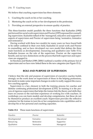 216â•… ❚â•… Coaching issues
We believe that coaching supervision has three elements:
1.	 Coaching the coach on his or her coaching.
2.	 Mentoring the coach on his or her development in the profession.
3.	 Providing an external perspective to ensure quality of practice.
This three-function model parallels the three functions that Kadushin (1992)
putforwardforsocialworksupervisionandProctor(1997)espousedforcounsellÂ�
ing supervision. Kadushin talked of the ‘managerial, educative and supportive’
aspects of supervision and Proctor of supervision being ‘normative, formative
and restorative’.
Having worked with these two models for many years we have found both
to be rather confined to their own field, Kadushin in social work and Proctor
in counselling, and so have developed our own model that defines the three
main functions as developmental, resourcing and qualitative (see TableÂ€15.1).
Kadushin focuses on the role of the supervisor, Proctor on the supervisee
benefit, and our new distinctions on the process that both supervisor and super-
visee are engaged in.
In Hawkins and Shohet (1989, 2000) I outlined a number of the primary foci of
supervision and we have now linked these to the new categories (see FigureÂ€15.1).
ROLE AND PURPOSE OF SUPERVISION
I believe that the role and purpose of supervision of executive coaches builds
strongly on the work done on supervision of those in the helping professions,
but needs to make some important changes in order to really support the execu-
tive coaching agenda.
Supervision is a key element in both the training process for coaches and
lifetime continuing professional development (CPD). In training it is the proÂ�
cess of rigorous supervision that helps the trainee link the theory and skills they
learn on courses to the real-time experience of working live with coachees. In
workshops you can learn models and develop competencies, but these do not
by themselves produce an excellent coach. Supervision provides the reflective
container for the trainee to turn his or her competencies into capabilities and to
develop his or her personal and coaching capacities.
TableÂ€15.1â•… Three main functions of supervision
Hawkins Proctor Kadushin
Developmental Formative Educational
Resourcing Restorative Supportive
Qualitative Normative Managerial
 