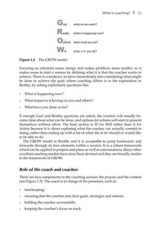 What is coaching?â•… ❚â•… 15
Goal what do you want?
Reality what is happening now?
Options what could you do?
Will what will you do?
Figure 1.4â•… The GROW model
Focusing on solutions raises energy and makes problems seem smaller, so it
makes sense to start a session by defining what it is that the coachee wants to
achieve. There is a tendency to move immediately into considering what might
be done to achieve the goal; where coaching differs is in the exploration or
Reality, by asking exploratory questions like:
l	 What is happening now?
l	 What impact is it having on you and others?
l	 What have you done so far?
If enough Goal and Reality questions are asked, the coachee will usually be-
come clear about what can be done, and options for actions will start to present
themselves without effort. The final section is W for Will rather than A for
Action because it is about exploring what the coachee can actually commit to
doing, rather than ending up with a list of what she or he should or would like
to be able to do.
The GROW model is flexible and it is acceptable to jump backwards and
forwards through its four elements within a session. It is a robust framework
which can be applied to projects and plans as well as conversations. Many other
excellent coaching models have since been devised and they are broadly similar
to the framework of GROW.
Role of the coach and coachee
There are two components to the coaching session: the process and the content
(see FigureÂ€1.5). The coach is in charge of the processes, such as:
l	 timekeeping;
l	 ensuring that the coachee sets clear goals, strategies and actions;
l	 holding the coachee accountable;
l	 keeping the coachee’s focus on track.
 