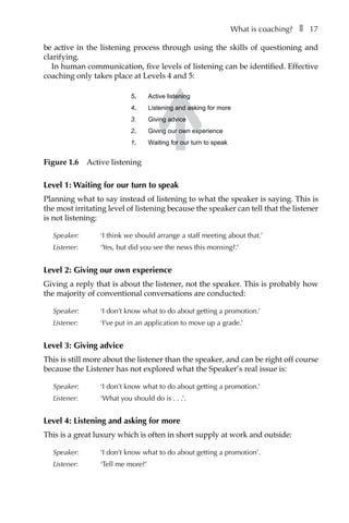 What is coaching?â•… ❚â•… 17
be active in the listening process through using the skills of questioning and
clarifying.
In human communication, five levels of listening can be identified. Effective
coaching only takes place at Levels 4 and 5:
5. Active listening
4. Listening and asking for more
3. Giving advice
2. Giving our own experience
1. Waiting for our turn to speak
Figure 1.6â•… Active listening
Level 1: Waiting for our turn to speak
Planning what to say instead of listening to what the speaker is saying. This is
the most irritating level of listening because the speaker can tell that the listener
is not listening:
Speaker: 	 ‘I think we should arrange a staff meeting about that.’
Listener: 	 ‘Yes, but did you see the news this morning?.’
Level 2: Giving our own experience
Giving a reply that is about the listener, not the speaker. This is probably how
the majority of conventional conversations are conducted:
Speaker: 	 ‘I don’t know what to do about getting a promotion.’
Listener: 	 ‘I’ve put in an application to move up a grade.’
Level 3: Giving advice
This is still more about the listener than the speaker, and can be right off course
because the Listener has not explored what the Speaker’s real issue is:
Speaker: 	 ‘I don’t know what to do about getting a promotion.’
Listener: 	 ‘What you should do isâ•›â•›.â•›â•›.â•›â•›.’.
Level 4: Listening and asking for more
This is a great luxury which is often in short supply at work and outside:
Speaker: 	 ‘I don’t know what to do about getting a promotion’.
Listener: 	 ‘Tell me more?’
 