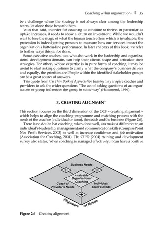 Coaching within organizationsâ•… ❚â•… 35
be a challenge where the strategy is not always clear among the leadership
teams, let alone those beneath them.
With that said, in order for coaching to continue to thrive, in particular as
uptake increases, it needs to show a return on investment. While we wouldn’t
want to lose the magic of what the human touch offers, which is invaluable, the
profession is indeed getting pressure to measure how our services impact the
organization’s bottom-line performance. In later chapters of this book, we refer
to further ways this can be done.
Some executive coaches, too, who also work in the leadership and organiza-
tional development domain, can help their clients shape and articulate their
strategies. For others, whose expertise is in pure forms of coaching, it may be
useful to start asking questions to clarify what the company’s business drivers
and, equally, the priorities are. People within the identified stakeholder groups
can be a great source of answers.
This quote from the Thin Book of Appreciative Inquiry may inspire coaches and
providers to ask the wider questions: ‘The act of asking questions of an organÂ�
ization or group influences the group in some way’ (Hammond, 1996).
3. Creating alignment
This section focuses on the third dimension of the OCF – creating alignment –
which helps to align the coaching programme and matching process with the
needs of the coachee (individual or team), the coach and the business (FigureÂ€2.6).
There is no doubt that coaching, when done well, can make a difference to an
individual’s leadership, management and communication skills (CompassPoint
Non Profit Services, 2003) as well as increase confidence and job motivation
(Association for Coaching, 2004). The CIPD (2004) training and development
survey also states, ‘when coaching is managed effectively, it can have a positive
Of Needs
Business Needs
Coach’s/
Provider’s Needs
Individual/
Team’s Needs
= valuable
Organizational
Coaching
Alignment
Figure 2.6â•… Creating alignment
 