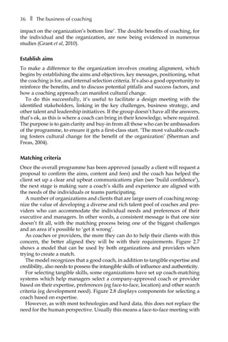 36â•… ❚â•… The business of coaching
impact on the organization’s bottom line’. The double benefits of coaching, for
the individual and the organization, are now being evidenced in numerous
studies (Grant et al, 2010).
Establish aims
To make a difference to the organization involves creating alignment, which
begins by establishing the aims and objectives, key messages, positioning, what
the coaching is for, and internal selection criteria. It’s also a good opportunity to
reinforce the benefits, and to discuss potential pitfalls and success factors, and
how a coaching approach can manifest cultural change.
To do this successfully, it’s useful to facilitate a design meeting with the
identified stakeholders, linking in the key challenges, business strategy, and
other talent and leadership initiatives. If the group doesn’t have all the answers,
that’s ok, as this is where a coach can bring in their knowledge, where required.
The purpose is to gain clarity and buy-in from all those who can be ambassadors
of the programme, to ensure it gets a first-class start. ‘The most valuable coach-
ing fosters cultural change for the benefit of the organization’ (Sherman and
Freas, 2004).
Matching criteria
Once the overall programme has been approved (usually a client will request a
proposal to confirm the aims, content and fees) and the coach has helped the
client set up a clear and upbeat communications plan (see ‘build confidence’),
the next stage is making sure a coach’s skills and experience are aligned with
the needs of the individuals or teams participating.
A number of organizations and clients that are large users of coaching recog-
nize the value of developing a diverse and rich talent pool of coaches and pro-
viders who can accommodate the individual needs and preferences of their
executive and managers. In other words, a consistent message is that one size
doesn’t fit all, with the matching process being one of the biggest challenges
and an area it’s possible to ‘get it wrong’.
As coaches or providers, the more they can do to help their clients with this
concern, the better aligned they will be with their requirements. FigureÂ€ 2.7
shows a model that can be used by both organizations and providers when
trying to create a match.
The model recognizes that a good coach, in addition to tangible expertise and
credibility, also needs to possess the intangible skills of influence and authenticity.
For selecting tangible skills, some organizations have set up coach-matching
systems which help managers select a company-approved coach or provider
based on their expertise, preferences (eg face-to-face, location) and other search
criteria (eg development need). FigureÂ€2.8 displays components for selecting a
coach based on expertise.
However, as with most technologies and hard data, this does not replace the
need for the human perspective. Usually this means a face-to-face meeting with
 