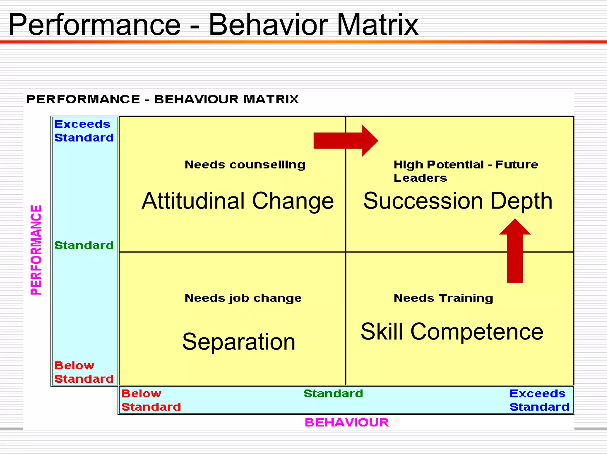 Performance - Behavior Matrix
Succession Depth
Separation Skill Competence
Attitudinal Change
 