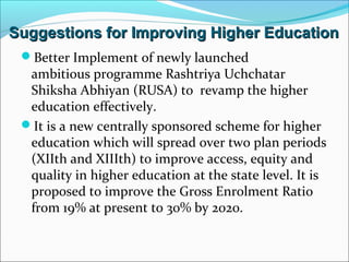 Suggestions for Improving Higher Education
Better Implement of newly launched

ambitious programme Rashtriya Uchchatar
Shiksha Abhiyan (RUSA) to revamp the higher
education effectively.
It is a new centrally sponsored scheme for higher
education which will spread over two plan periods
(XIIth and XIIIth) to improve access, equity and
quality in higher education at the state level. It is
proposed to improve the Gross Enrolment Ratio
from 19% at present to 30% by 2020.

 