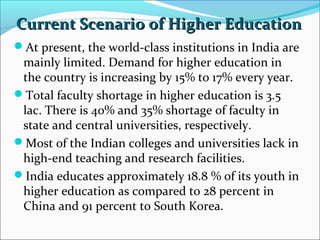 Current Scenario of Higher Education
At present, the world-class institutions in India are

mainly limited. Demand for higher education in
the country is increasing by 15% to 17% every year.
Total faculty shortage in higher education is 3.5
lac. There is 40% and 35% shortage of faculty in
state and central universities, respectively.
Most of the Indian colleges and universities lack in
high-end teaching and research facilities.
India educates approximately 18.8 % of its youth in
higher education as compared to 28 percent in
China and 91 percent to South Korea.

 