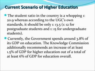 Current Scenario of Higher Education
The student ratio in the country is a whopping 1:

20.9 whereas according to the UGC’s own
standards, it should be only 1: 13.5 (1: 12 for
postgraduate students and 1: 15 for undergraduate
students).
Currently, the Government spends around 3.8% of
its GDP on education. The Knowledge Commission
additionally recommends an increase of at least
1.5% of GDP for higher education out of a total of
at least 6% of GDP for education overall.

 