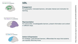 UDL
Engagement
For purposeful, motivated learners, stimulate interest and motivation for
learning.
Representation
For resourceful, knowledgeable learners, present information and content
in different ways.
Action & Expression
For strategic, goal-directed learners, differentiate the ways that students
can express what they know.
http://www.cast.org/our-work/about-udl.html#.V5aMHbh97IU
 