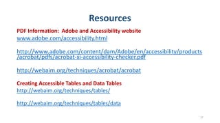 Resources
PDF Information: Adobe and Accessibility website
www.adobe.com/accessibility.html
http://www.adobe.com/content/dam/Adobe/en/accessibility/products
/acrobat/pdfs/acrobat-xi-accessibility-checker.pdf
http://webaim.org/techniques/acrobat/acrobat
Creating Accessible Tables and Data Tables
http://webaim.org/techniques/tables/
http://webaim.org/techniques/tables/data
27
 