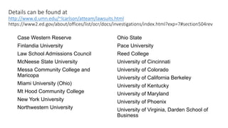 Details can be found at
http://www.d.umn.edu/~lcarlson/atteam/lawsuits.html
https://www2.ed.gov/about/offices/list/ocr/docs/investigations/index.html?exp=7#section504rev
Case Western Reserve
Finlandia University
Law School Admissions Council
McNeese State University
Messa Community College and
Maricopa
Miami University (Ohio)
Mt Hood Community College
New York University
Northwestern University
Ohio State
Pace University
Reed College
University of Cincinnati
University of Colorado
University of California Berkeley
University of Kentucky
University of Maryland
University of Phoenix
University of Virginia, Darden School of
Business
 