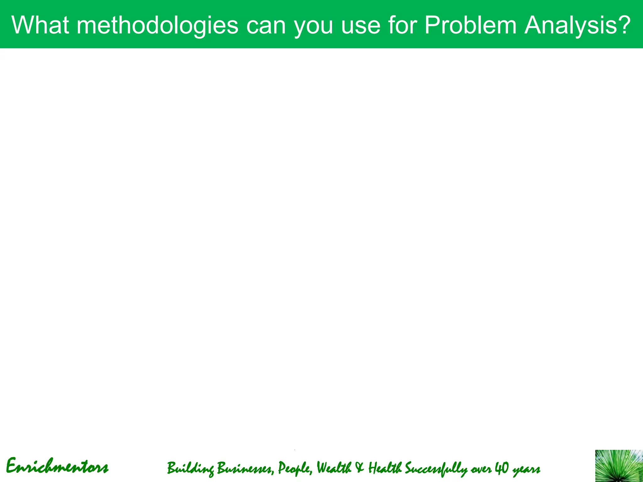Enrichmentors Building Businesses, People, Wealth & Health Successfully over 40 years
What methodologies can you use for Problem Analysis?
 