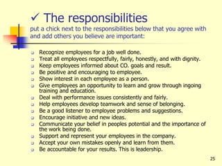 25
 The responsibilities
put a chick next to the responsibilities below that you agree with
and add others you believe are important:
 Recognize employees for a job well done.
 Treat all employees respectfully, fairly, honestly, and with dignity.
 Keep employees informed about CO. goals and result.
 Be positive and encouraging to employee.
 Show interest in each employee as a person.
 Give employees an opportunity to learn and grow through ingoing
training and education.
 Deal with performance issues consistently and fairly.
 Help employees develop teamwork and sense of belonging.
 Be a good listener to employee problems and suggestions.
 Encourage initiative and new ideas.
 Communicate your belief in peoples potential and the importance of
the work being done.
 Support and represent your employees in the company.
 Accept your own mistakes openly and learn from them.
 Be accountable for your results. This is leadership.
 