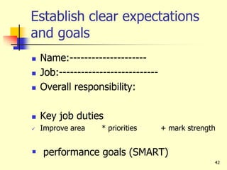 42
Establish clear expectations
and goals
 Name:---------------------
 Job:---------------------------
 Overall responsibility:
 Key job duties
 Improve area * priorities + mark strength
 performance goals (SMART)
 