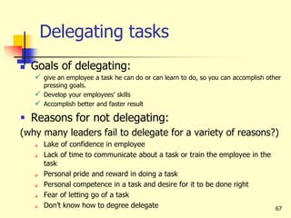67
Delegating tasks
 Goals of delegating:
 give an employee a task he can do or can learn to do, so you can accomplish other
pressing goals.
 Develop your employees’ skills
 Accomplish better and faster result
 Reasons for not delegating:
(why many leaders fail to delegate for a variety of reasons?)
 Lake of confidence in employee
 Lack of time to communicate about a task or train the employee in the
task
 Personal pride and reward in doing a task
 Personal competence in a task and desire for it to be done right
 Fear of letting go of a task
 Don’t know how to degree delegate
 