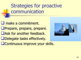 78
Strategies for proactive
communication
 make a commitment.
Prepare, prepare, prepare.
Ask for another feedback.
Delegate tasks effectively.
Continuous improve your skills.
 