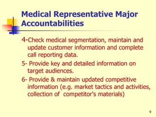 Medical Representative Major
Accountabilities
4-Check medical segmentation, maintain and
update customer information and complete
call reporting data.
5- Provide key and detailed information on
target audiences.
6- Provide & maintain updated competitive
information (e.g. market tactics and activities,
collection of competitor's materials)
9
 