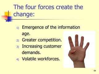 The four forces create the
change:
1) Emergence of the information
age.
2) Greater competition.
3) Increasing customer
demands.
4) Volatile workforces.
94
 