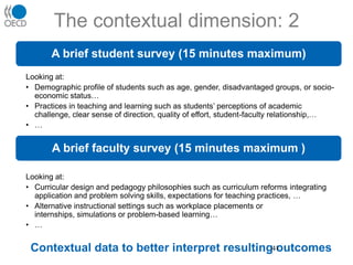 AHELO: 4 strands of workGeneric skills strandDiscipline strand in EngineeringInitial work on defining expected learning outcomes through ‘Tuning’ approach.+ contextual dataInternational pilot test of the US Collegiate Learning Assessment (CLA), to assess the extent to which problem-solving or critical thinking can be validly measured across different cultural, linguistic and institutional contexts.+ contextual dataResearch-based “Value-added” or “Learning gain” measurement strandDiscipline strand in EconomicsSeveral perspectives to explore the issue of value-added (conceptually, psychometrics), building on recent OECD work at school level.Initial work on defining expected learning outcomes through ‘Tuning’ approach.+ contextual data32