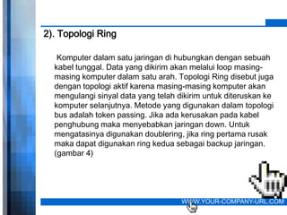 2). Topologi Ring

   Komputer dalam satu jaringan di hubungkan dengan sebuah
  kabel tunggal. Data yang dikirim akan melalui loop masing-
  masing komputer dalam satu arah. Topologi Ring disebut juga
  dengan topologi aktif karena masing-masing komputer akan
  mengulangi sinyal data yang telah dikirim untuk diteruskan ke
  komputer selanjutnya. Metode yang digunakan dalam topologi
  bus adalah token passing. Jika ada kerusakan pada kabel
  penghubung maka menyebabkan jaringan down. Untuk
  mengatasinya digunakan doublering, jika ring pertama rusak
  maka dapat digunakan ring kedua sebagai backup jaringan.
  (gambar 4)




                                     WWW.YOUR-COMPANY-URL.COM
 