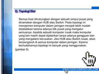 3). Topologi Star

   Semua host dihubungkan dengan sebuah simpul pusat yang
   dinamakan dengan HUB atau Switch. Pada topologi ini
   manajemen komputer dalam jaringan menjadi lebih mudah
   disebabkan karena adanya titik pusat yang mengatur
   semuanya. Apabila sebuah komputer rusak maka komputer
   yang lain masih dapat dijalankan tanpa adanya gangguan dari
   yang mengalami kerusakan. Jika HUB atau Switch rusak, akan
   berpengaruh di semua komputer dalam jaringan. Karena
   kemudahannya topologi ini banyak yang menggunakan.
(gambar 5)




                                    WWW.YOUR-COMPANY-URL.COM
 