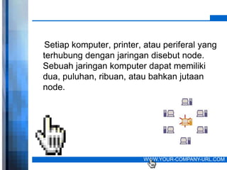 Setiap komputer, printer, atau periferal yang
terhubung dengan jaringan disebut node.
Sebuah jaringan komputer dapat memiliki
dua, puluhan, ribuan, atau bahkan jutaan
node.




                          WWW.YOUR-COMPANY-URL.COM
 