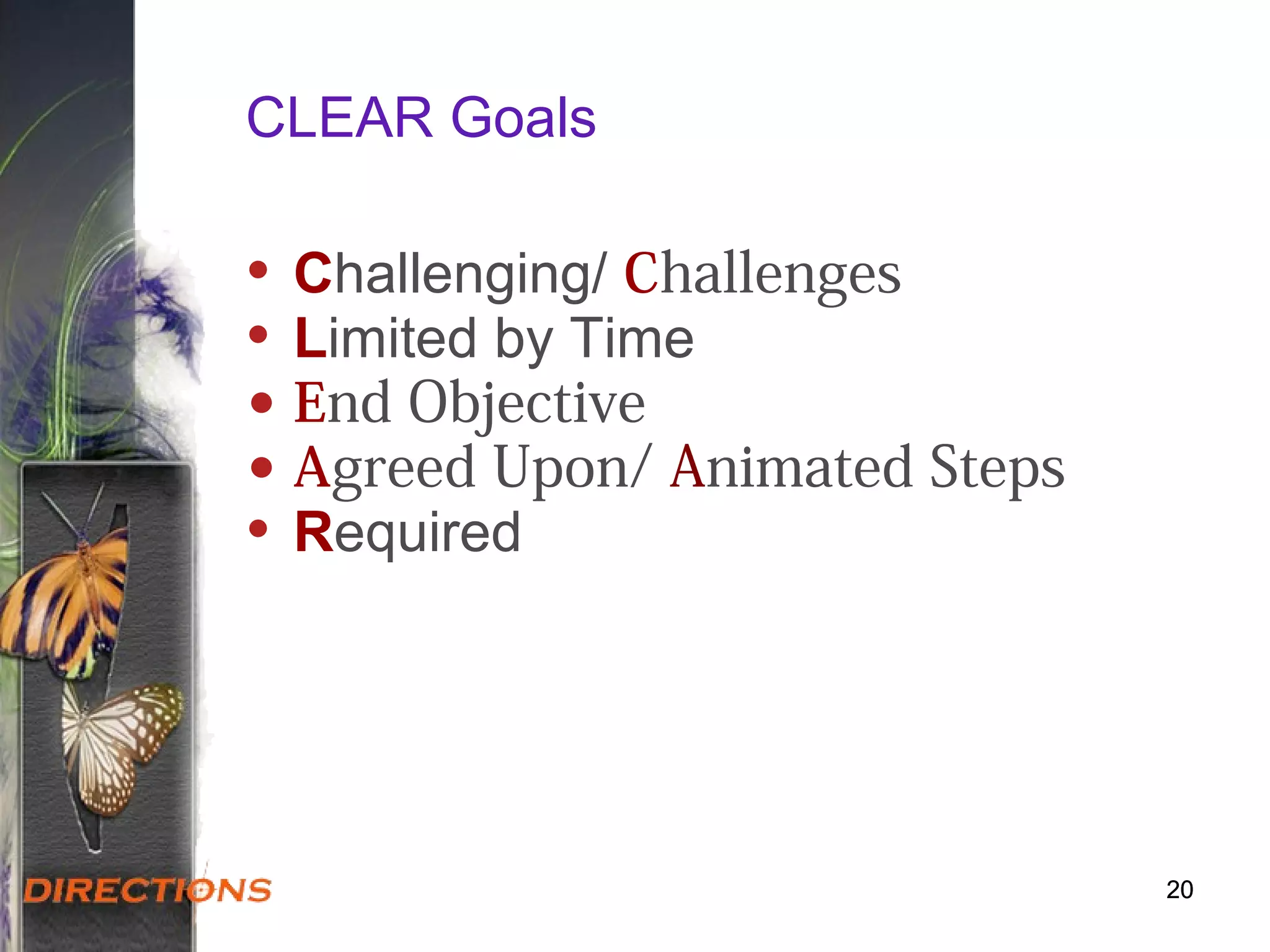 20
CLEAR Goals
• Challenging/ Challenges
• Limited by Time
• End Objective
• Agreed Upon/ Animated Steps
• Required
2020
 