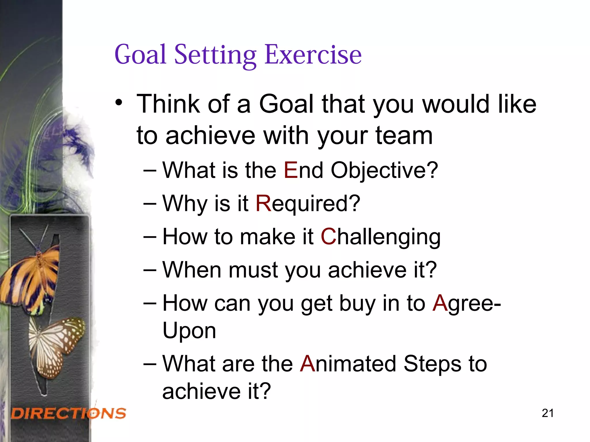 Goal Setting Exercise
• Think of a Goal that you would like
to achieve with your team
– What is the End Objective?
– Why is it Required?
– How to make it Challenging
– When must you achieve it?
– How can you get buy in to Agree-
Upon
– What are the Animated Steps to
achieve it?
2121
 