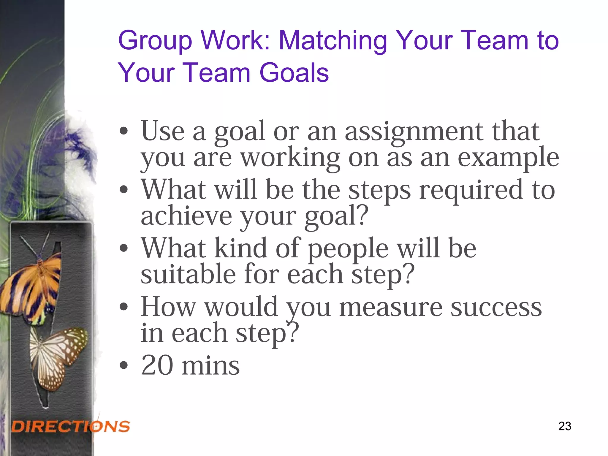 Group Work: Matching Your Team to
Your Team Goals
• Use a goal or an assignment that
you are working on as an example
• What will be the steps required to
achieve your goal?
• What kind of people will be
suitable for each step?
• How would you measure success
in each step?
• 20 mins
2323
 