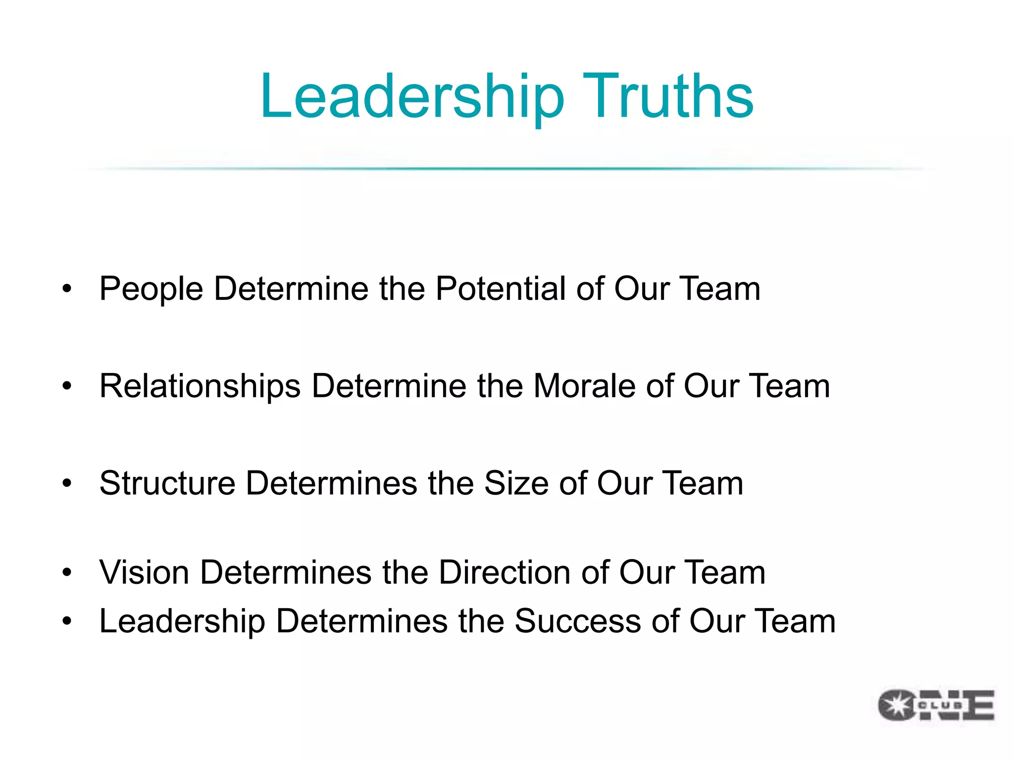 Leadership Truths

• People Determine the Potential of Our Team

• Relationships Determine the Morale of Our Team

• Structure Determines the Size of Our Team

• Vision Determines the Direction of Our Team
• Leadership Determines the Success of Our Team
 
