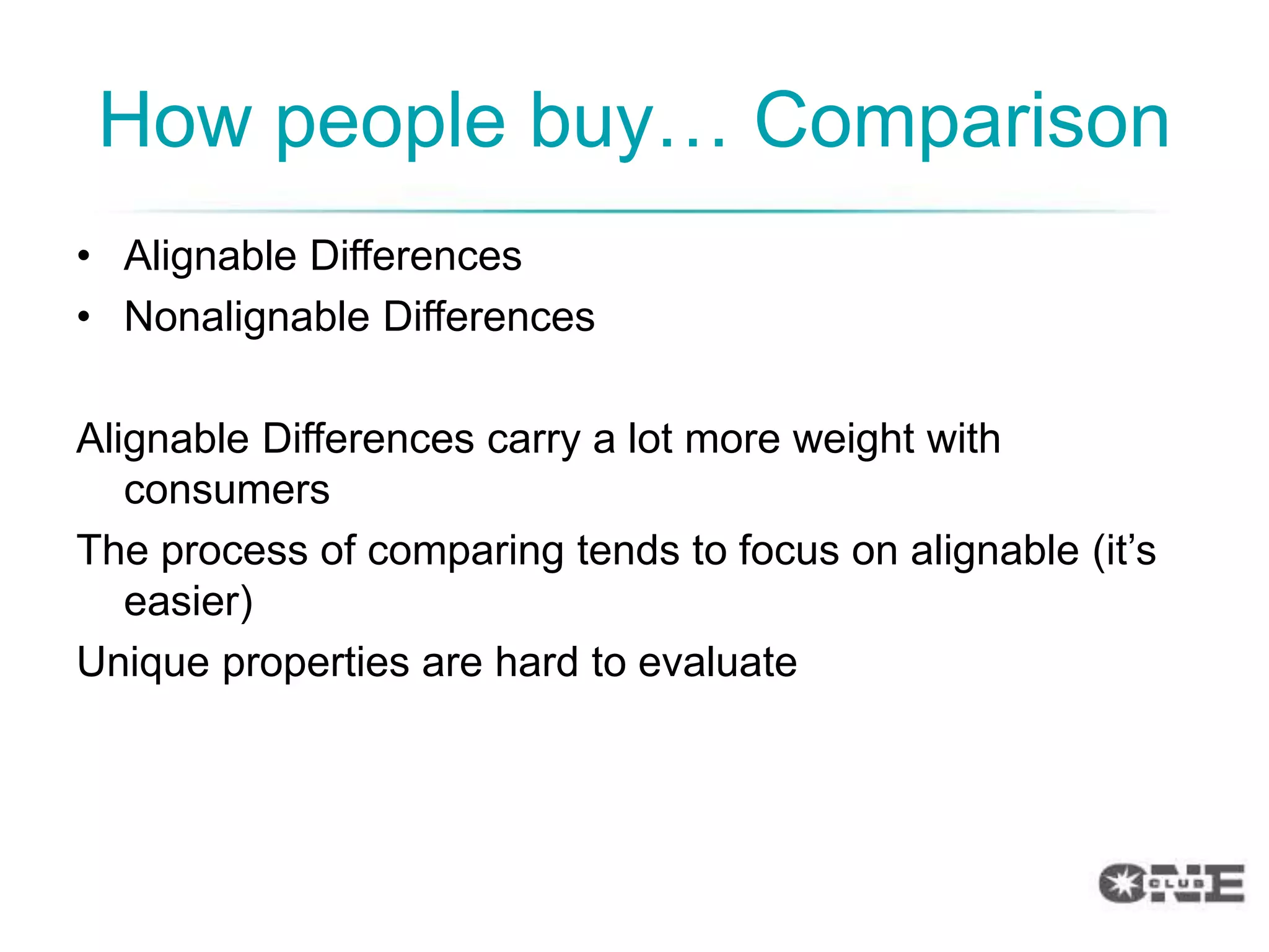 How people buy… Comparison
• Alignable Differences
• Nonalignable Differences

Alignable Differences carry a lot more weight with
   consumers
The process of comparing tends to focus on alignable (it‟s
   easier)
Unique properties are hard to evaluate
 