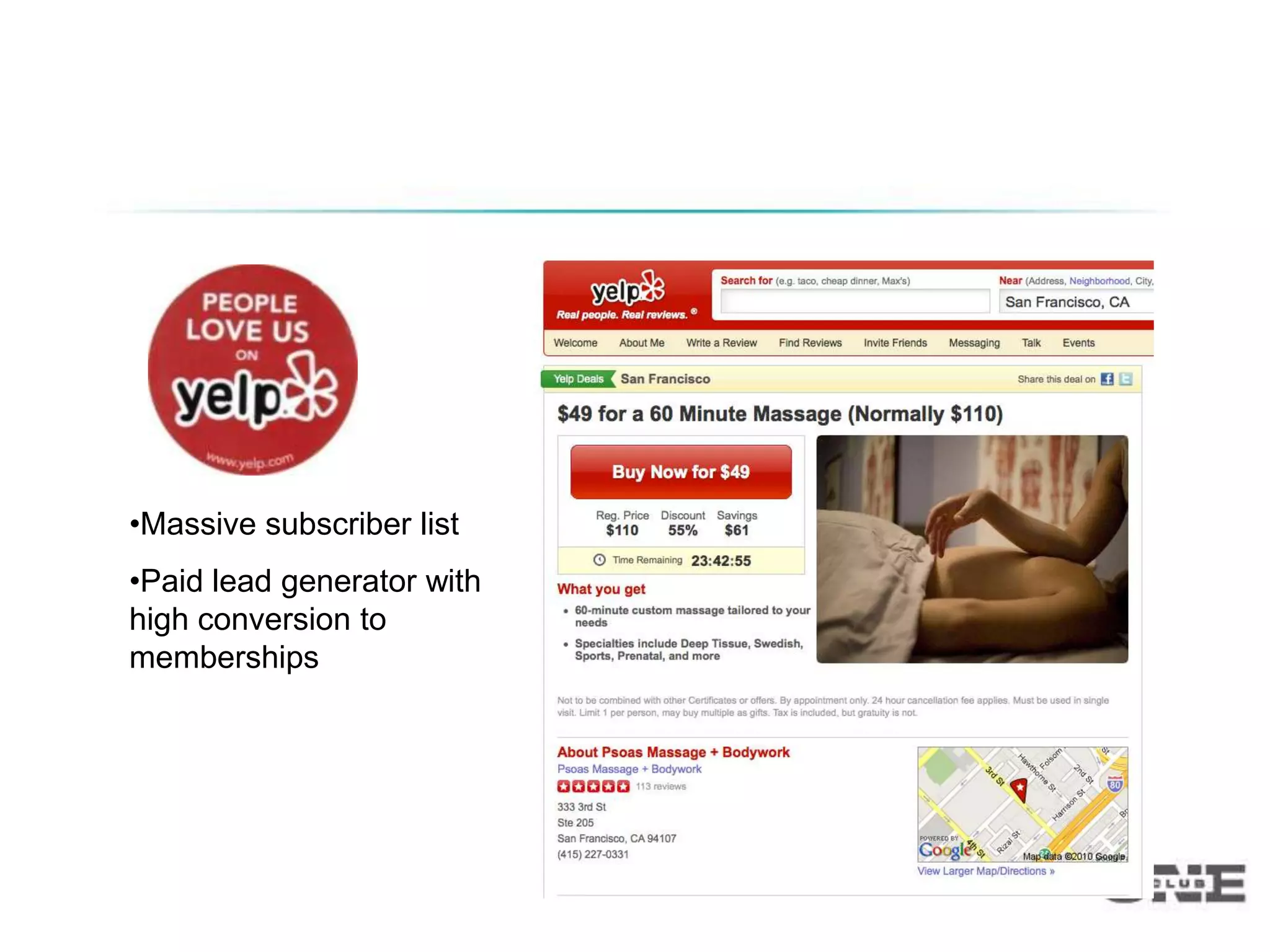 Yelp Daily Deals




•Massive subscriber list
•Paid lead generator with
high conversion to
memberships
 