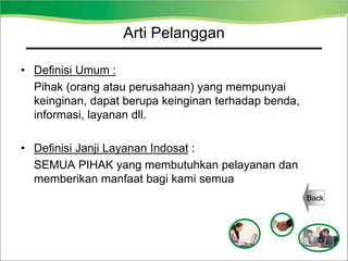 Arti Pelanggan
• Definisi Umum :
Pihak (orang atau perusahaan) yang mempunyai
keinginan, dapat berupa keinginan terhadap benda,
informasi, layanan dll.
• Definisi Janji Layanan Indosat :
SEMUA PIHAK yang membutuhkan pelayanan dan
memberikan manfaat bagi kami semua
Back
 