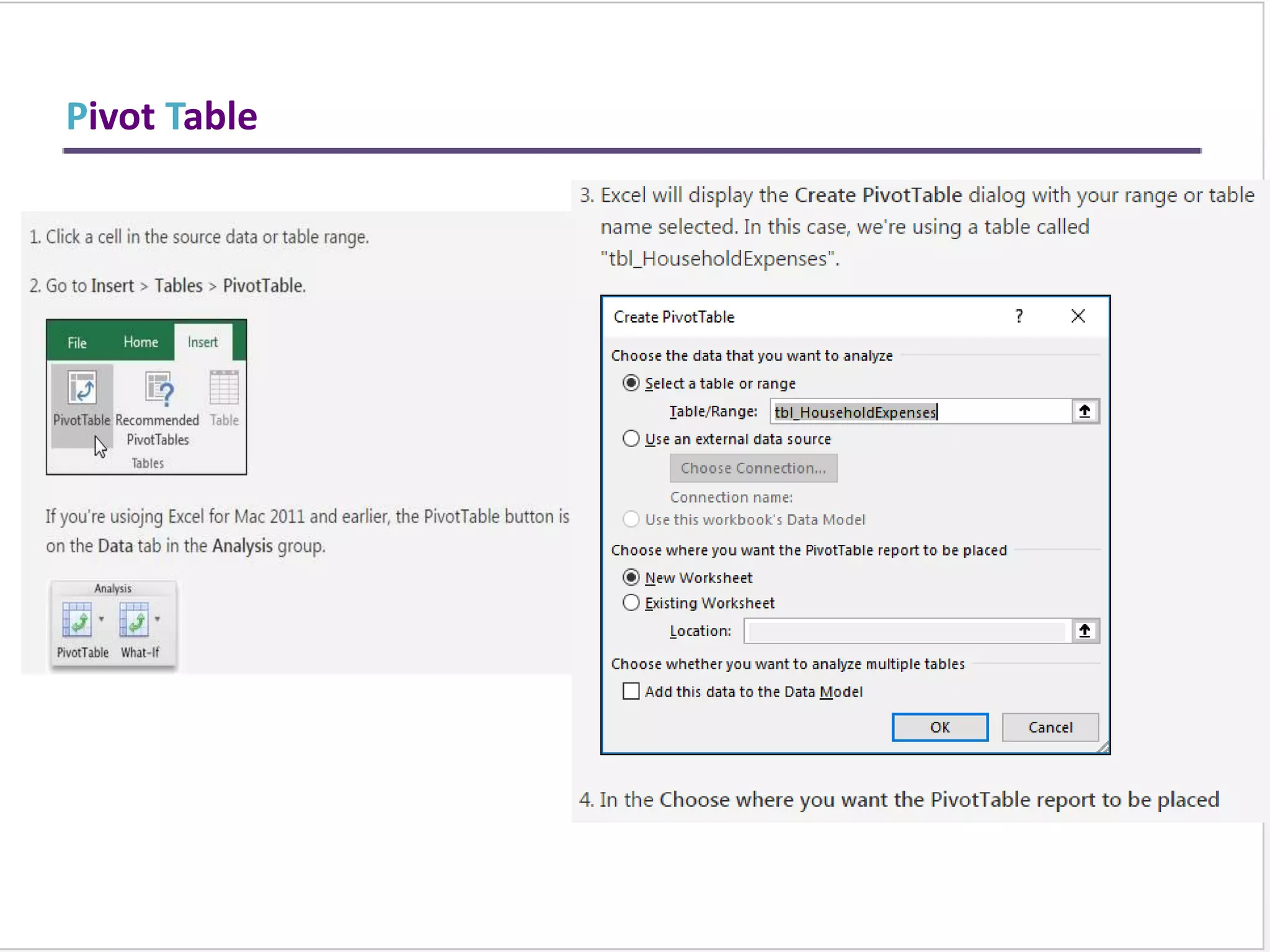 Summarize Values
Pivot Table
 
