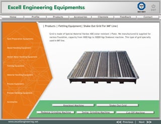 Excell Engineering EquipmentssExcell Engineering Equipmentss EXITEXIT
<< >>Previous Next
TÜV
SÜD
ISO 9001
www.excellengineering.net
Grid is made of Special Material Hardox 400 (wear resistant ) Plate. We manufactured & supplied for
various Foundries, capacity from 3000 Kgs to 30000 Kgs Shakeout machine. This type of grid specially
used in IMF line.
| Products | Fettling Equipment| Shake Out Grid For IMF Line|
Knockout Machine Shake Out Grid
Pedestal Grinding Machine Swing Grinding Machine Cut-Off Machine
<< >>Previous Next
Home Profile Products Accessories Clientele Feedback Contact
Sand Preparation Equipments
Mould Handling Equipment
Molten Metal Handling Equipment
Fettling Equipment
Material Handling Equipment
Process Equipment
Process Handling Equipment
Accessories
 