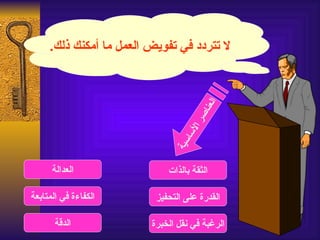 ‫ل تتردد في تفويض العمل ما أمكنك ذلك.‬




                                           ‫ا‬
                                      ‫لعنا‬
                                    ‫صر ا‬
                                 ‫لسا‬
                               ‫سية‬
      ‫العدالة‬                ‫الثقة بالذات‬

‫الكفاءة في المتابعة‬       ‫القدرة على التحفيز‬

       ‫الدقة‬             ‫الرغبة في نقل الخبرة‬
 