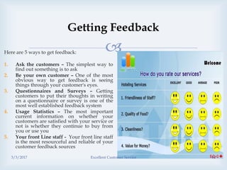 
Getting Feedback
Here are 5 ways to get feedback:
1. Ask the customers – The simplest way to
find out something is to ask
2. Be your own customer – One of the most
obvious way to get feedback is seeing
things through your customer's eyes.
3. Questionnaires and Surveys – Getting
customers to put their thoughts in writing
on a questionnaire or survey is one of the
most well established feedback system
4. Usage Statistics – The most important
current information on whether your
customers are satisfied with your service or
not is whether they continue to buy from
you or use you
5. Your front Line staff - Your front line staff
is the most resourceful and reliable of your
customer feedback sources
3/3/2017 Excellent Customer Service 11
 
