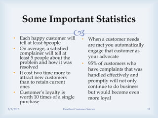 
Some Important Statistics
• Each happy customer will
tell at least 6people
• On average, a satisfied
complainer will tell at
least 5 people about the
problem and how it was
resolved
• It cost two time more to
attract new customers
than to retain current
ones
• Customer’s loyalty is
worth 10 times of a single
purchase
• When a customer needs
are met you automatically
engage that customer as
your advocate
• 95% of customers who
have complaints that was
handled effectively and
promptly will not only
continue to do business
but would become even
more loyal
3/3/2017 Excellent Customer Service 13
 