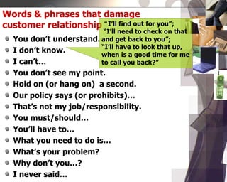 Words & phrases that damage
customer relationship
You don’t understand.
I don’t know.
I can’t…
You don’t see my point.
Hold on (or hang on) a second.
Our policy says (or prohibits)…
That’s not my job/responsibility.
You must/should…
You’ll have to…
What you need to do is…
What’s your problem?
Why don’t you…?
I never said…
“I’ll find out for you”;
“I’ll need to check on that
and get back to you”;
“I’ll have to look that up,
when is a good time for me
to call you back?”
 